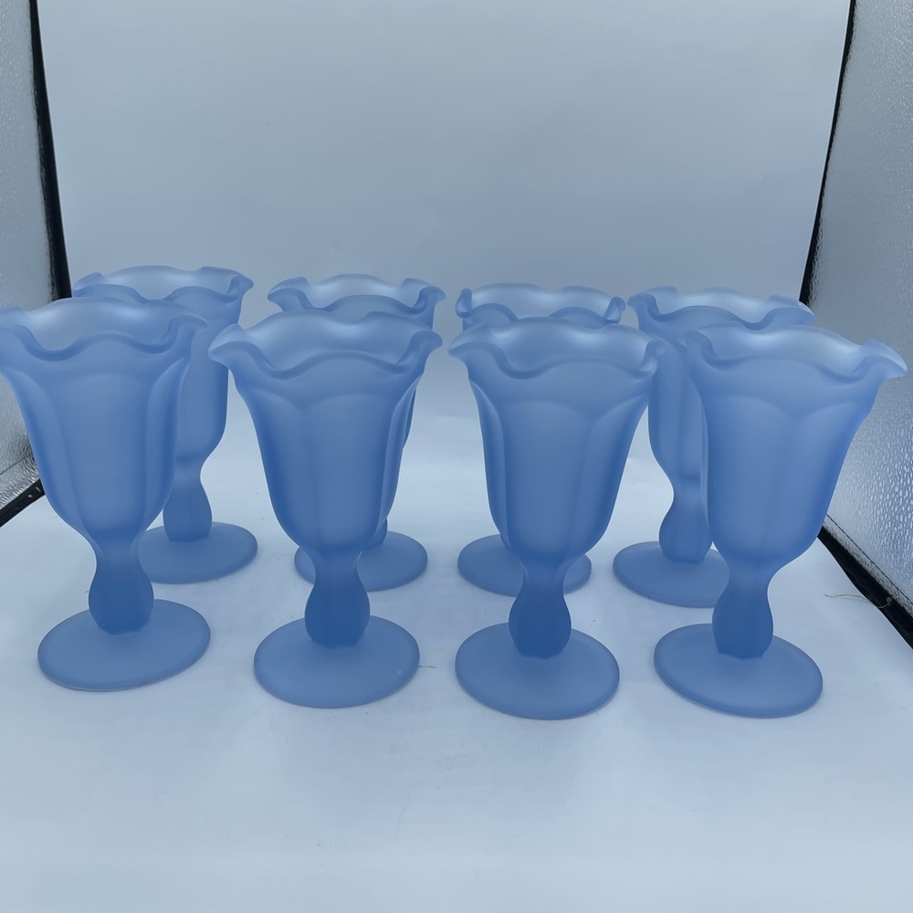 Vintage Blue Satin Glass Ruffled Edge Pedestal Ice Cream Cup set of 8